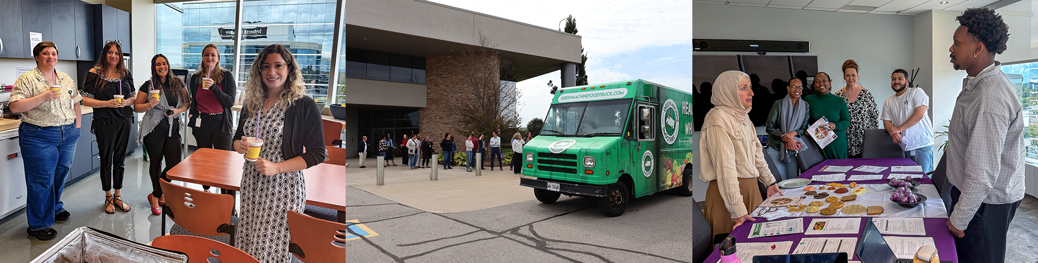 set of three photos from Wellness week including lineup for smoothies, holding smoothies, and getting nutrition info